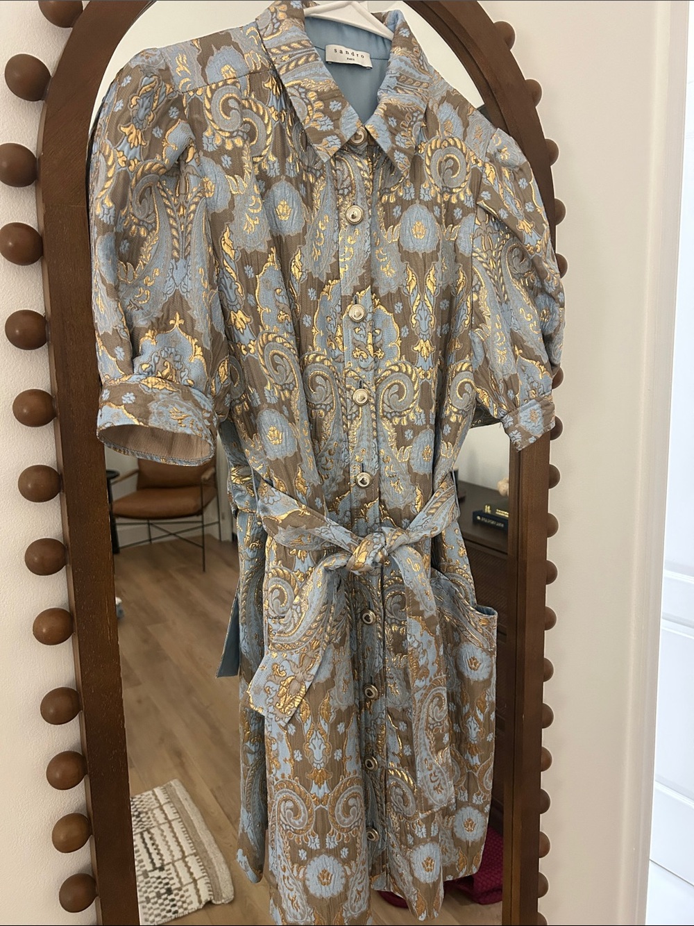Sandro Orlan Baby Blue and Gold Brocade Button-Front Dress